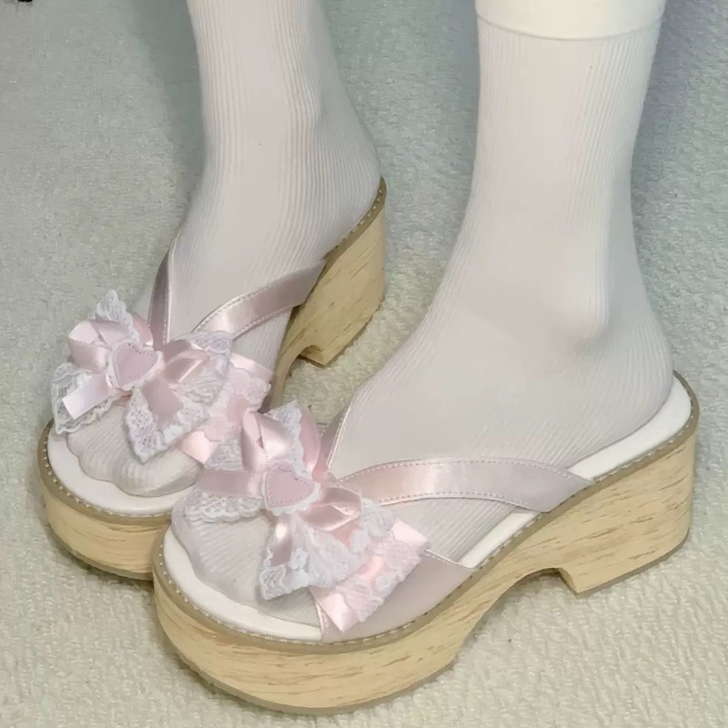 Geta Wooden Sandal - Sweet Bow Wood Grain Thick Bottom